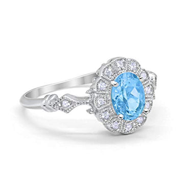 Oval Art Deco Enagement Bridal Ring Simulated Aquamarine CZ 925 Sterling Silver